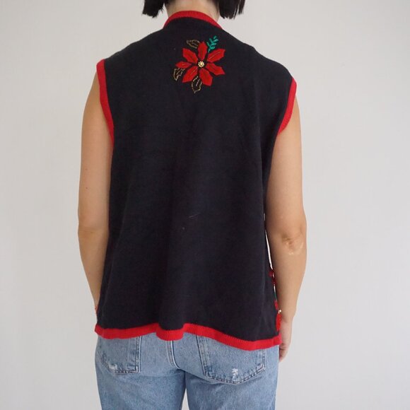 Vintage Bobbie Brooks Black Red Poinsettia Floral Holiday Embroidered Vest L - Picture 2 of 9